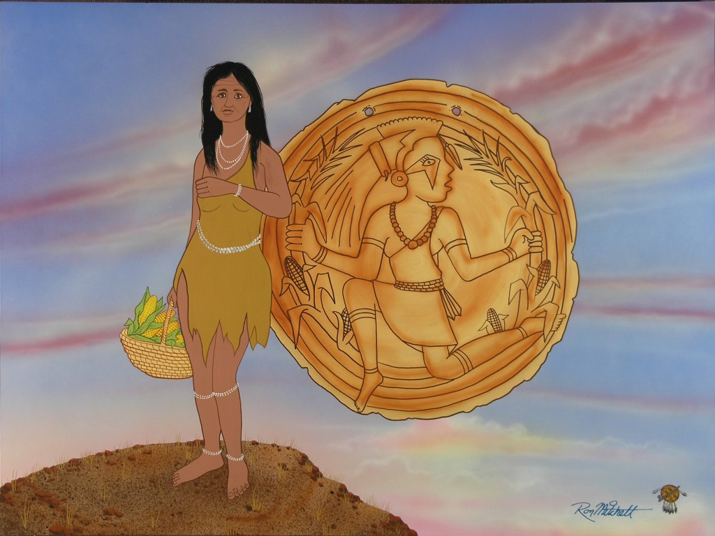 In Cherokee mythology, Selu was the First Woman and goddess of the corn. (Her name literally means "maize" or "corn" in the Cherokee language.) Selu was killed by her twin sons, who feared her power; but with her dying instructions she taught them to plant and farm corn, so that her spirit was resurrected with each harvest. 
